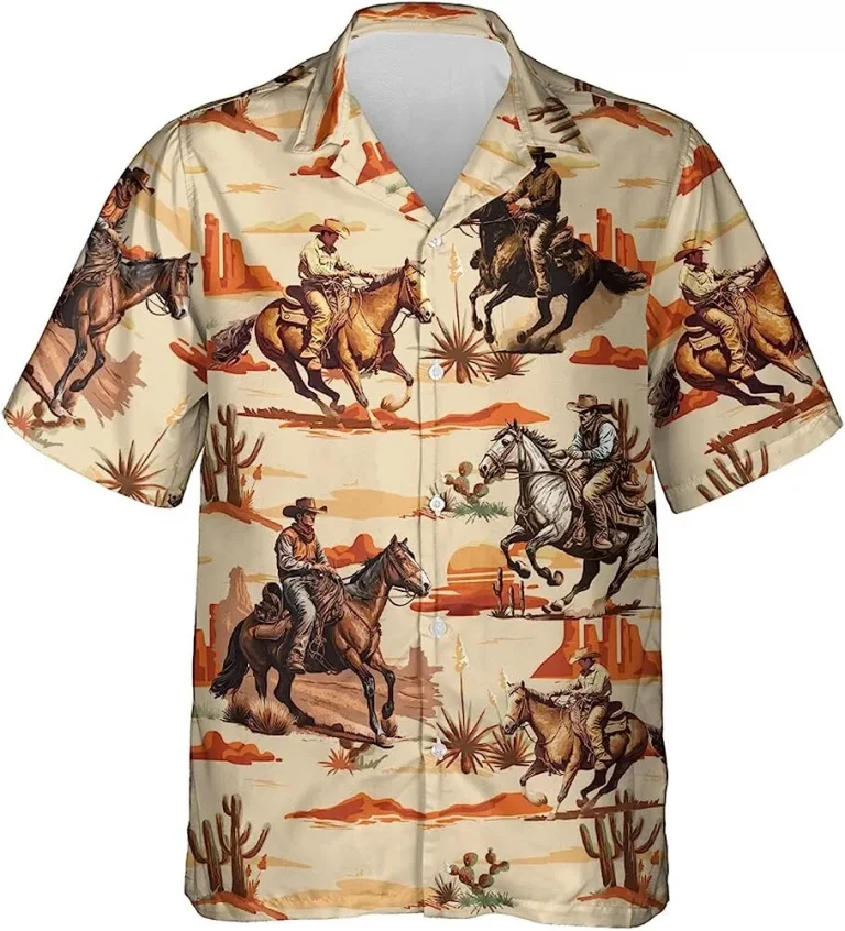 Vintage Cowboy Aloha Hawaiian Shirt Short Sleeve, Mens Button Down Hawaiian Shirt, Casual Printed Beach Summer Shirt, Family Aloha Shirts