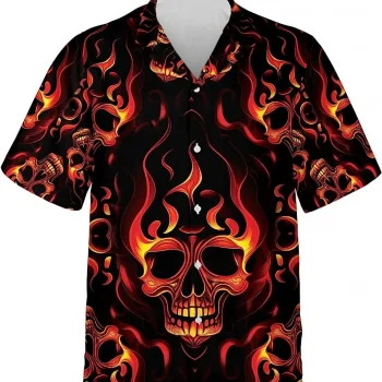 Fire Skull Button Down Hawaiian Shirt Short Sleeve, Skull Casual Printed Beach Summer Shirt, Hawaiian Style Shirts, Button Vintage Aloha Hawaii Shirt