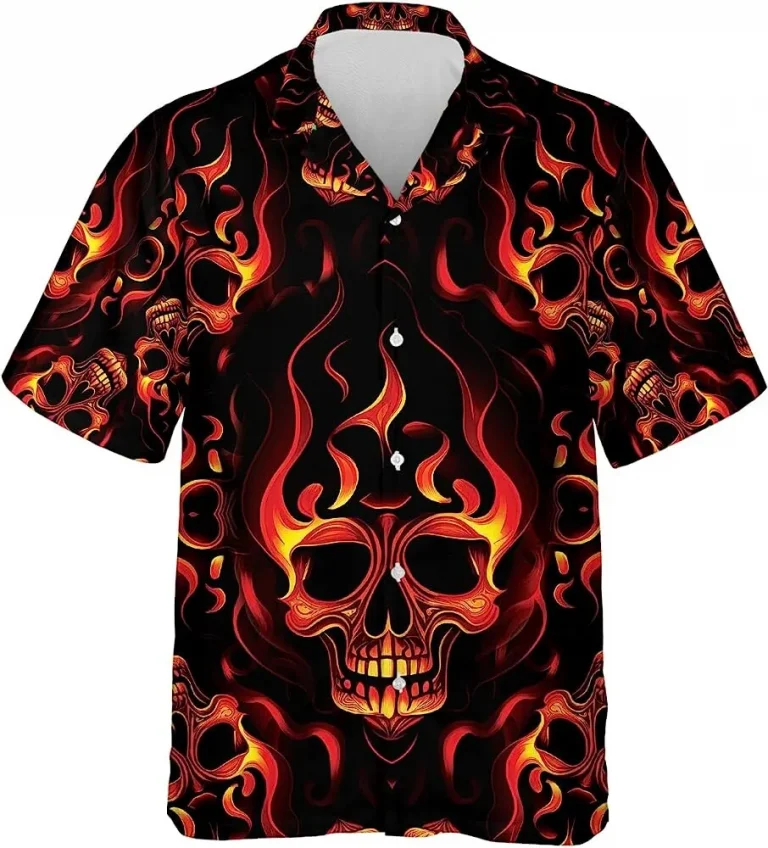 Fire Skull Button Down Hawaiian Shirt Short Sleeve, Skull Casual Printed Beach Summer Shirt, Hawaiian Style Shirts, Button Vintage Aloha Hawaii Shirt