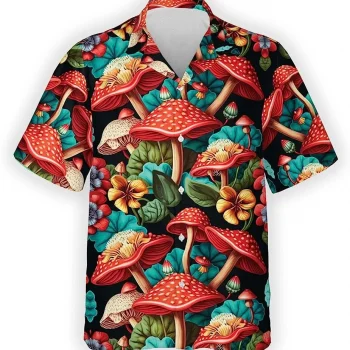 Magic Mushroom And Tropical Flower Hawaiian Shirt, Mushroom Tropical Pattern Shirt, Hawaiian Style Shirt, Aloha Vibes Beach Shirt, Button Down Shirt