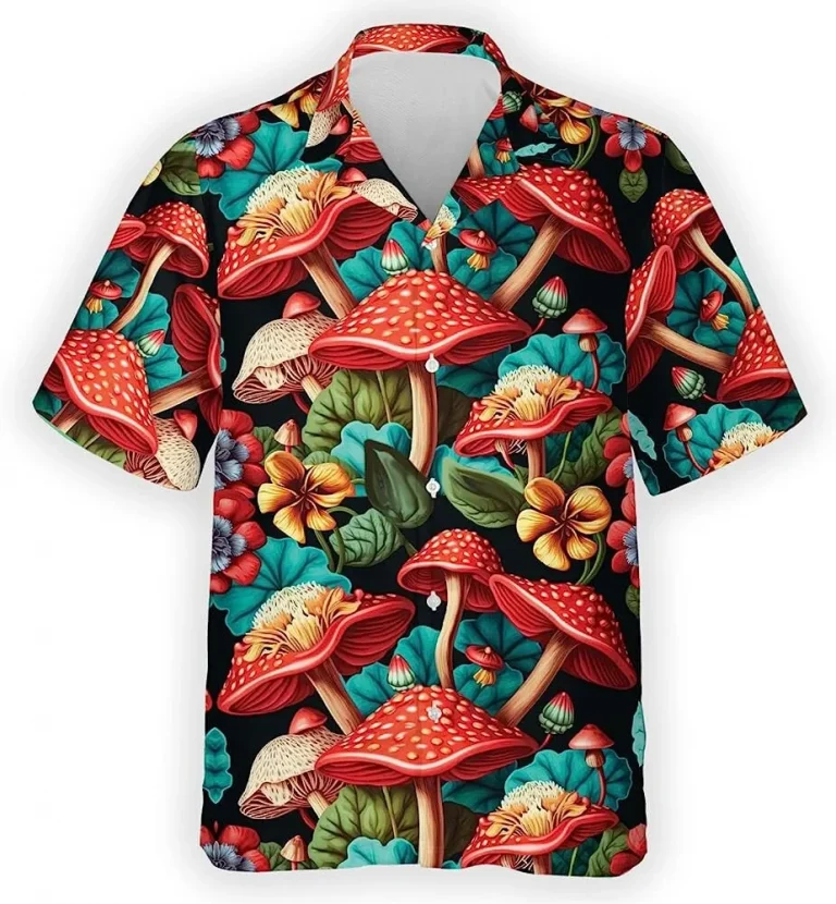 Magic Mushroom And Tropical Flower Hawaiian Shirt, Mushroom Tropical Pattern Shirt, Hawaiian Style Shirt, Aloha Vibes Beach Shirt, Button Down Shirt