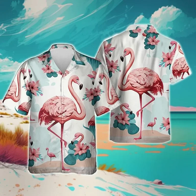 Hibiscus Flower And Flamingo Hawaiian Shirt, Flamingo Aloha Beach Shirt, Tropical Pattern Shirt, Summer Vacation Hawaiian Shirt, Button Down Shirt