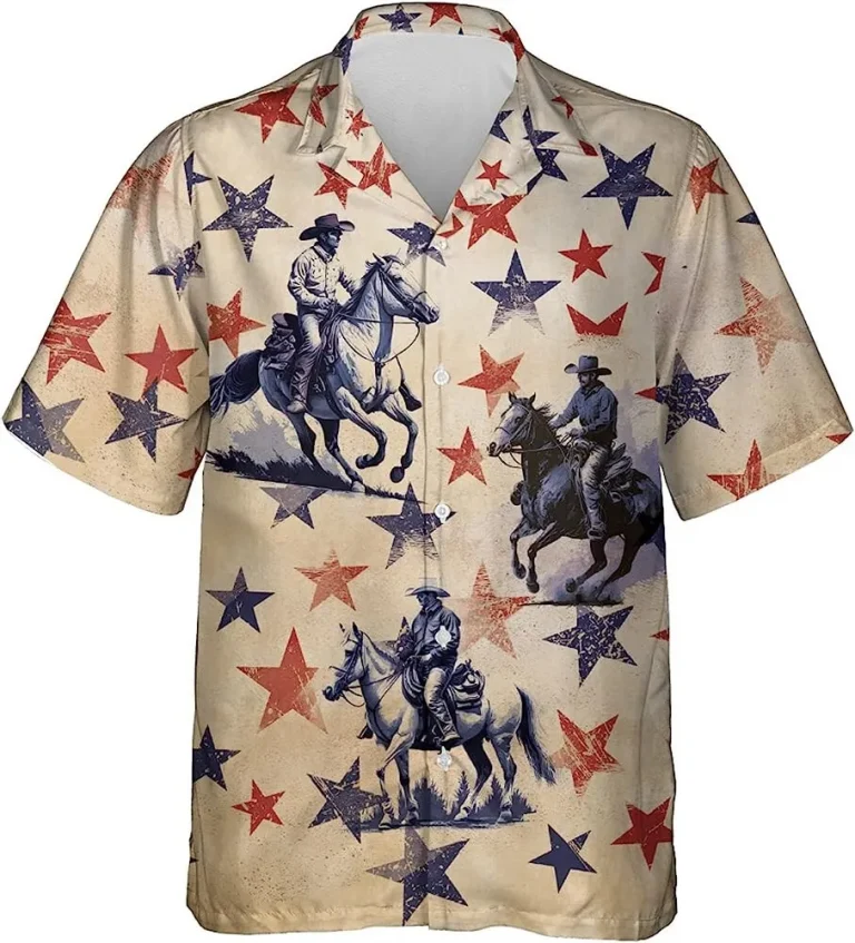 Vintage Red And Blue Stars Cowboy Summer Mens Hawaiian Shirt, Retro Cowboy Shirt, Button Vintage Aloha Hawaii Shirt, Summer Beach Shirt