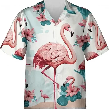 Hibiscus Flower And Flamingo Hawaiian Shirt, Flamingo Aloha Beach Shirt, Tropical Pattern Shirt, Summer Vacation Hawaiian Shirt, Button Down Shirt