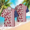 American Flag Baseball Tropical Hibiscus Hawaiian Shirts, Mens Tropical Sport Hawaiian Shirt, Patriotic Shirt, Summer Beach Shirt, Button Down Shirt