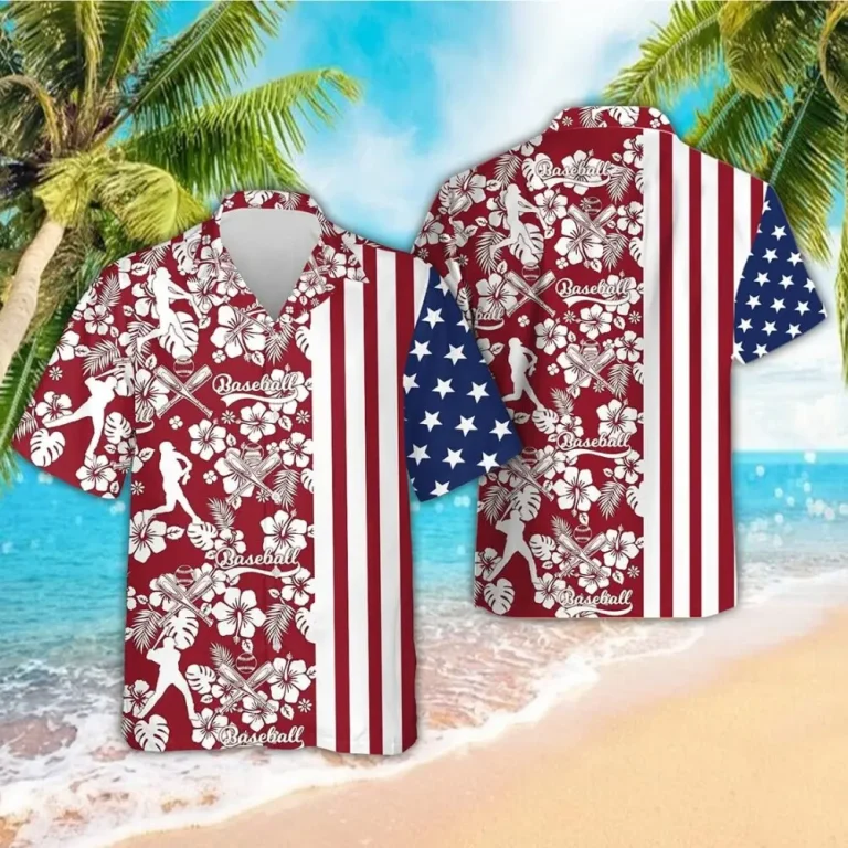 American Flag Baseball Tropical Hibiscus Hawaiian Shirts, Mens Tropical Sport Hawaiian Shirt, Patriotic Shirt, Summer Beach Shirt, Button Down Shirt