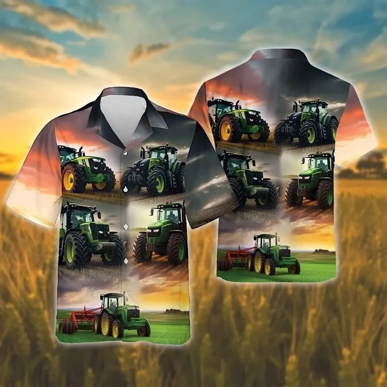 Vintage Tractor Button Down Hawaiian Shirt, Farm Tractor Summer Aloha Shirt, Casual Printed Beach Summer Shirt, Short Sleeve Hawaiian Shirt