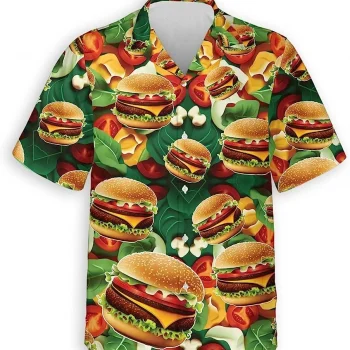 Hamburger Hawaiian Shirt For Men Women, Burger Casual Button Down Shirt, Fast Food Summer Beach Shirt, Hawaiian Aloha Shirt