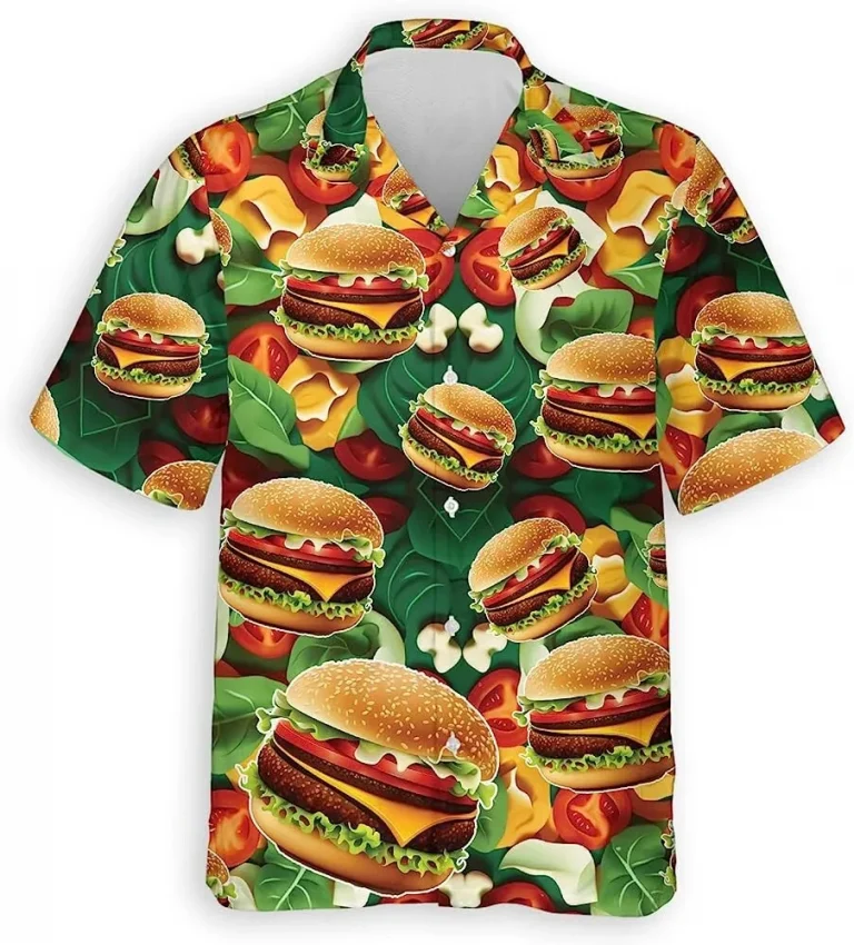 Hamburger Hawaiian Shirt For Men Women, Burger Casual Button Down Shirt, Fast Food Summer Beach Shirt, Hawaiian Aloha Shirt