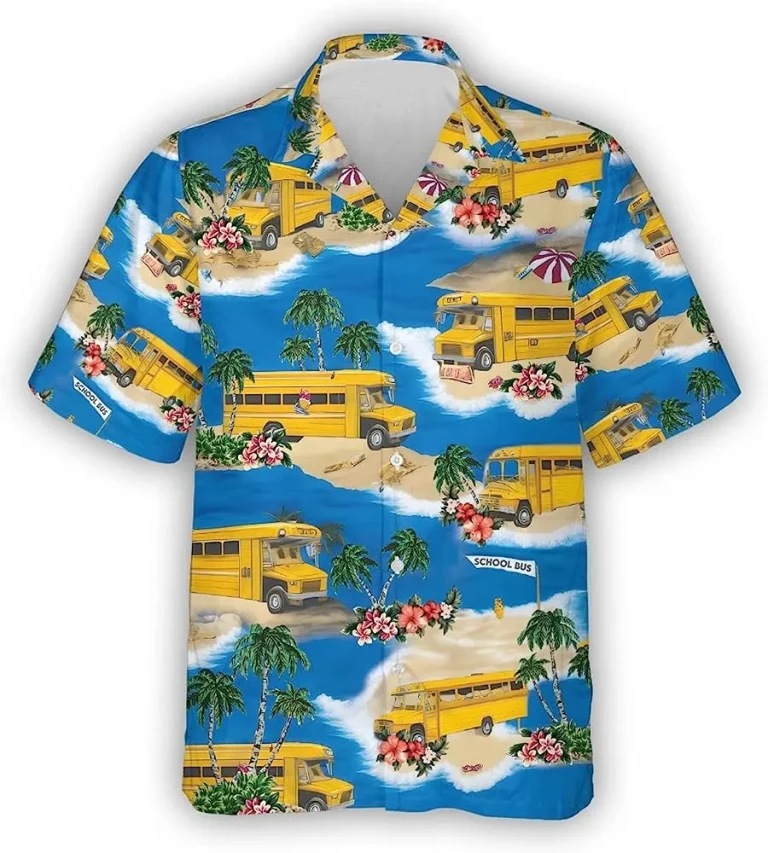 Yellow School Bus Tropical Pattern Hawaiian Shirt, Bus Driver Back To School Summer Beach Shirt, Hawaiian Style Shirts, Gift For Bus Drivers