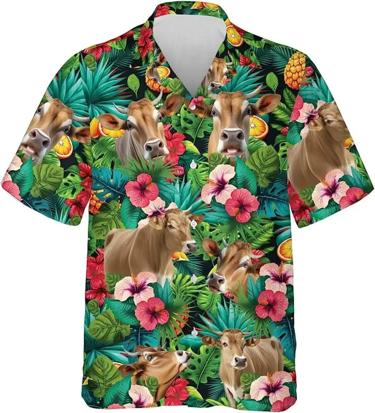 Cow And Hibiscus Flower Tropical Beach Shirt, Cow Summer Hawaiian Shirts For Men, Button Down Shirt, Short Sleeve Hawaiian Aloha Shirt