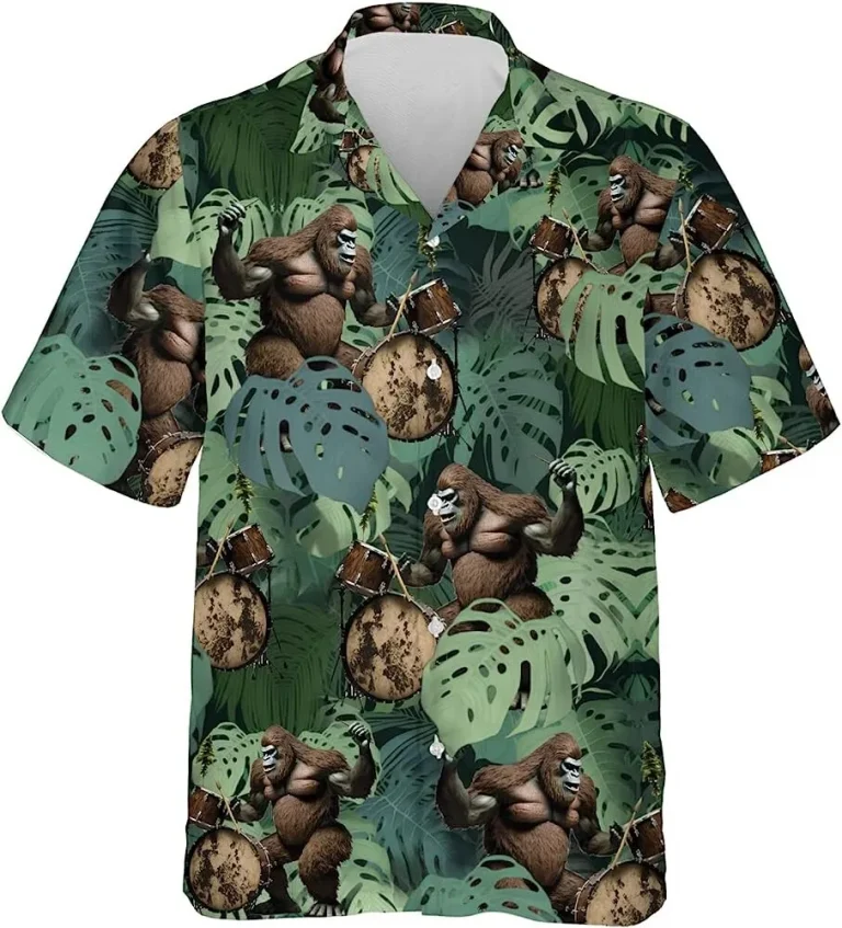 Bigfoot Playing Drum Tropical Pattern Hawaiian Shirt, Bigfoot Shirt, Tropical Summer Beach Aloha Button Down Short Sleeve Mens Hawaiian, Drummers Gift