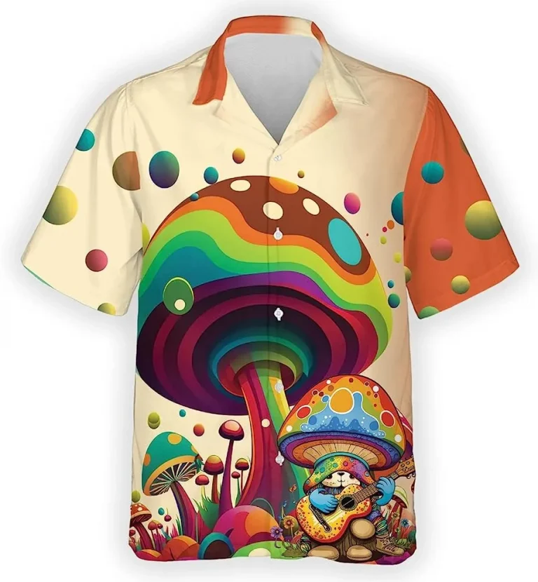 Colorful Mushroom Playing Guitar Hawaiian Shirt, Mushroom Hawaiian Casual Button Down Shirt, Summer Aloha Shirt, Family Hawaiian Beach Shirt