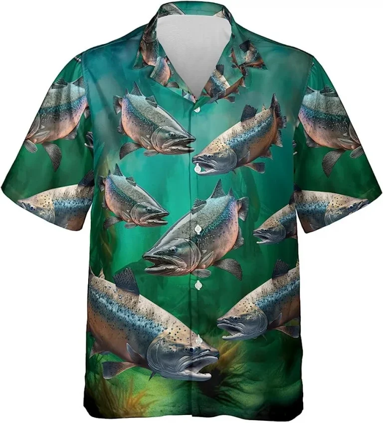 Salmon Fish Summer Men Hawaiian Shirt, Fisherman Shirt, Fishing Gift, Hawaiian Style Shirts, Button Down Shirt, Vacation Shirt