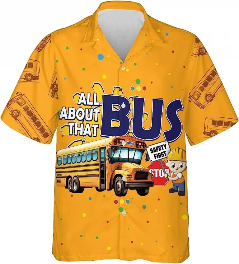 All About That Bus Button Down Hawaiian Shirt, School Bus Summer Beach Hawaiian Shirt, Vintage Hawaii Beach Shirt, Aloha Shirt For Bus Drivers