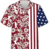 American Flag Baseball Tropical Hibiscus Hawaiian Shirts, Mens Tropical Sport Hawaiian Shirt, Patriotic Shirt, Summer Beach Shirt, Button Down Shirt