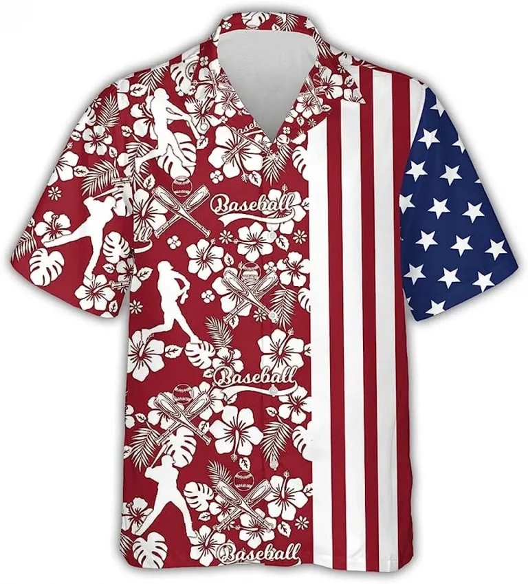 American Flag Baseball Tropical Hibiscus Hawaiian Shirts, Mens Tropical Sport Hawaiian Shirt, Patriotic Shirt, Summer Beach Shirt, Button Down Shirt