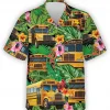 School Bus Tropical Pattern Hawaiian Shirt Short Sleeve, Bus Driver Back To School Hawaiian Casual Button Down Shirt, Summer Aloha Beach Shirt
