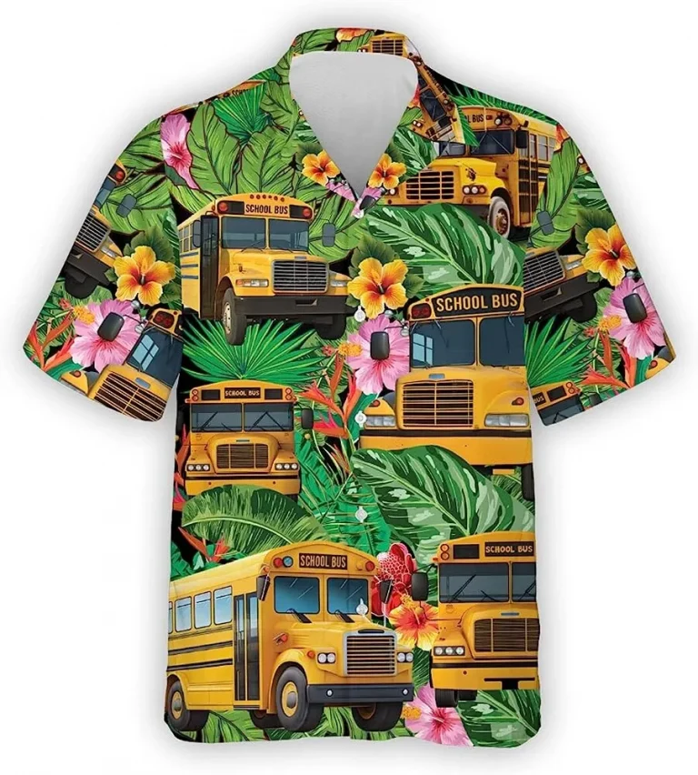 School Bus Tropical Pattern Hawaiian Shirt Short Sleeve, Bus Driver Back To School Hawaiian Casual Button Down Shirt, Summer Aloha Beach Shirt