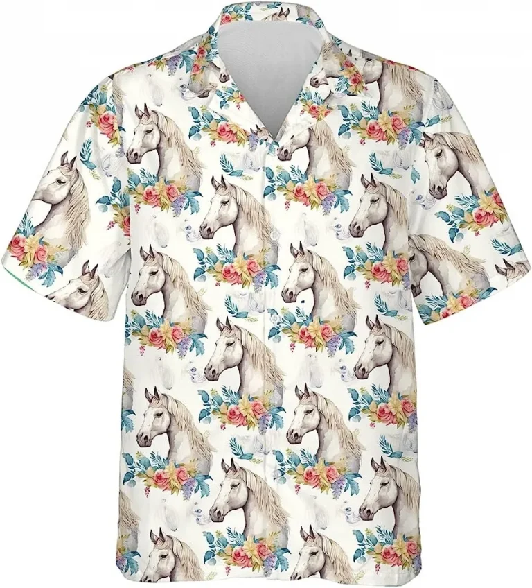 Horse And Flower Button Down Hawaiian Shirt, Horse Shirt, Short Sleeve Hawaiian Shirt, Summer Beach Shirt, Casual Print Summer Shirt, Aloha Shirt