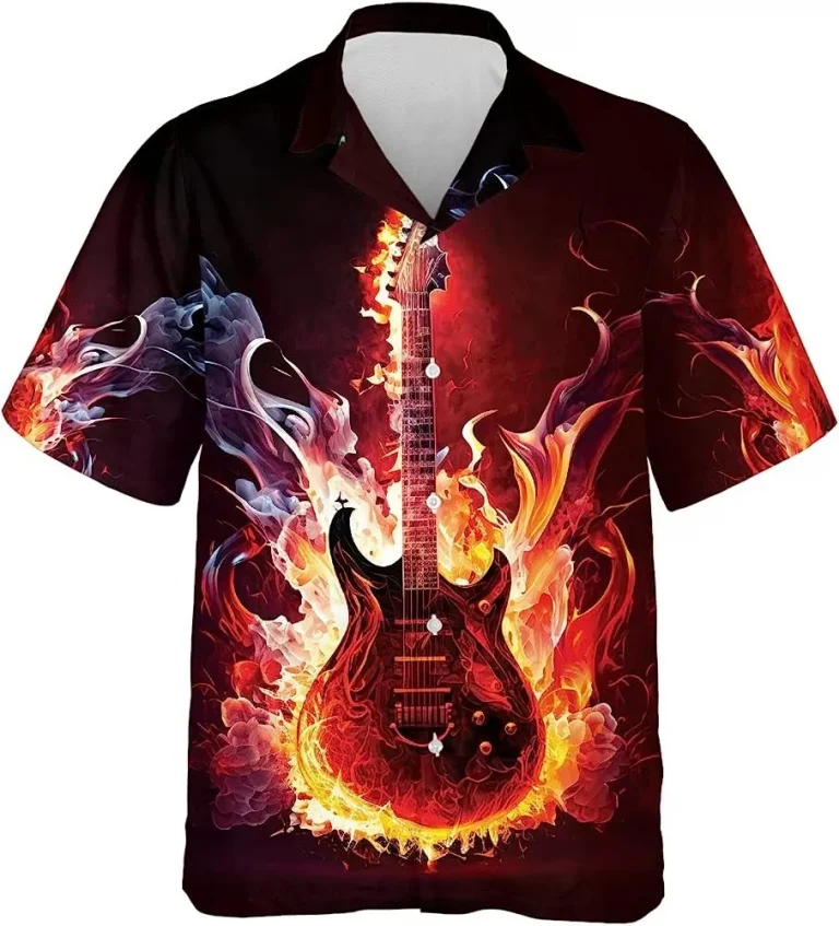 Guitar And Flame Hawaiian Shirt, Music Summer Aloha Shirt, Short Sleeve Button Down Hawaiian Shirt, Guitar Aloha Shirt, Vintage Hawaii Beach Shirt