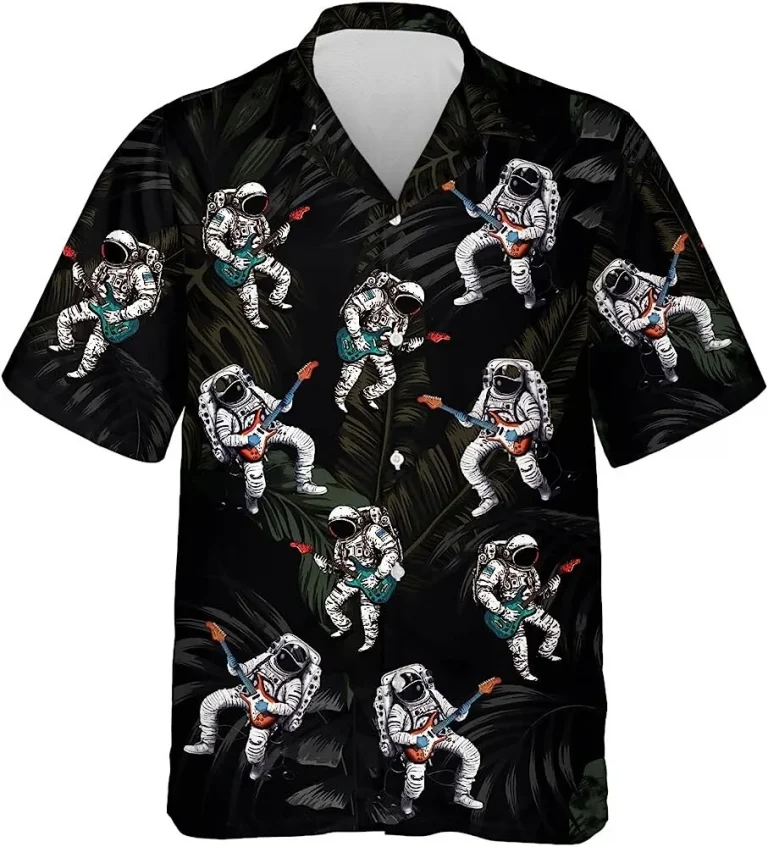 Astronaut Playing Guitar Tropical Pattern Hawaiian Shirt, Astronaut Casual Printed Beach Summer Shirt, Hawaiian Aloha Shirt, Short Sleeve Shirts