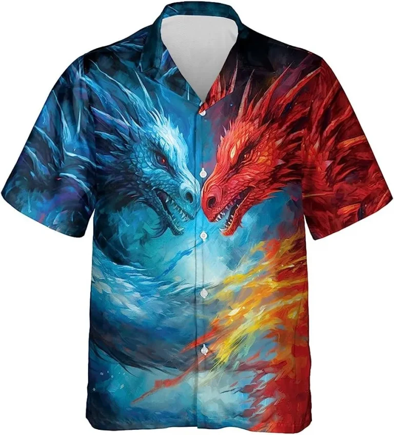 Ice And Fire Dragon Hawaiian Shirt, Short Sleeve Button Down Hawaiian Shirt, Casual Printed Beach Summer Shirt, Best Gifts For Men