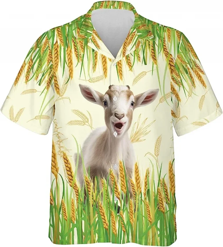 Baby Goat And Wheat Hawaiian Shirt, Farming Hawaiian Aloha Shirt, Short Sleeve Button Down Hawaiian Shirt, Aloha Summer Shirt For Farmers