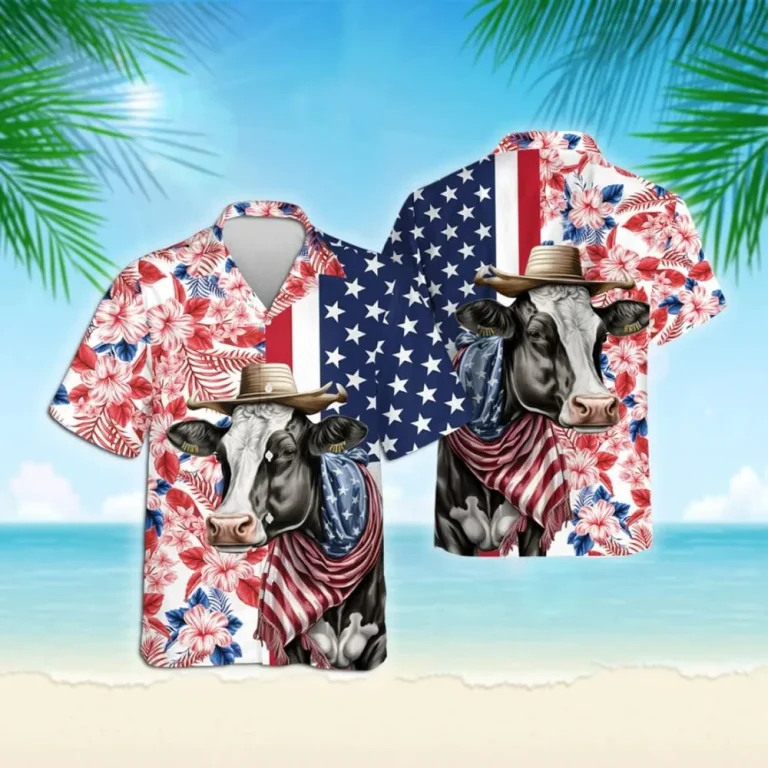 Tropical American Cow Button Down Hawaiian Shirts, Hibiscus Flower Hawaiian Shirt, Patriotic Cow Shirt, Vintage Hawaii Beach Shirt, Summer Aloha Shirt