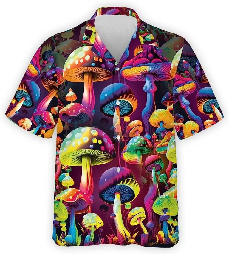 Neon Magic Mushroom Hawaiian Shirt, Mushroom Short Sleeve Summer Beach Shirt, Hawaiian Style Shirt, Casual Printed Beach Summer Shirt