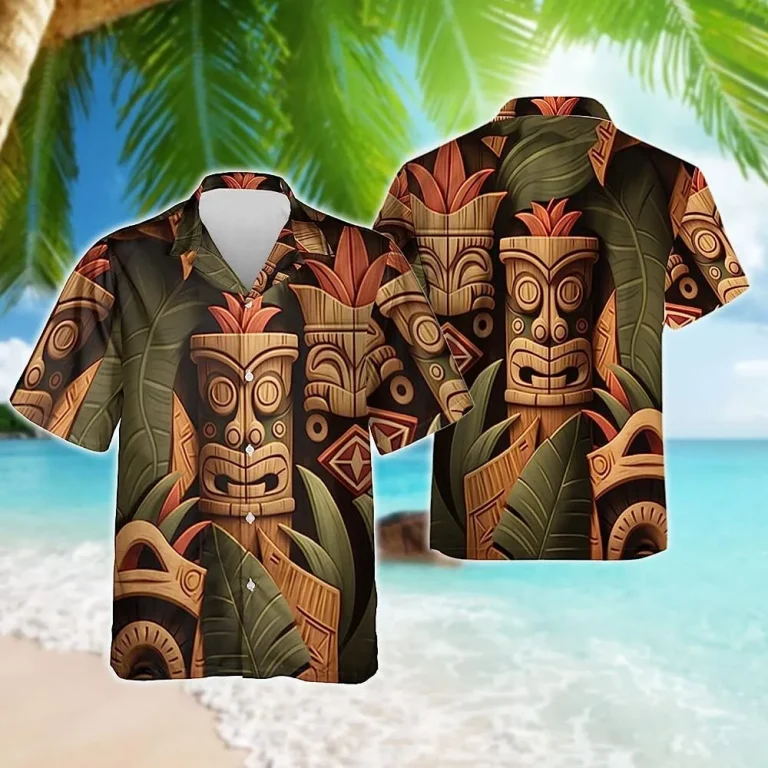 Tiki Button Down Hawaiian Shirt, Tiki Aloha Summer Shirt, Summer Vacation Hawaiian Shirt, Vintage Hawaii Beach Shirt, Summer Vacation Hawaiian Shirt