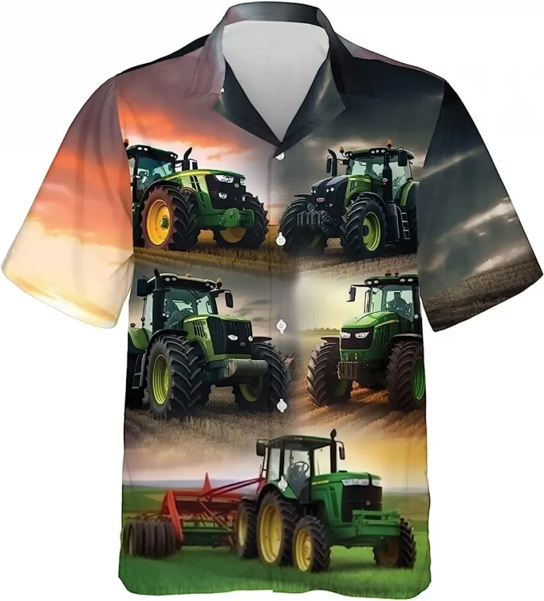 Vintage Tractor Button Down Hawaiian Shirt, Farm Tractor Summer Aloha Shirt, Casual Printed Beach Summer Shirt, Short Sleeve Hawaiian Shirt