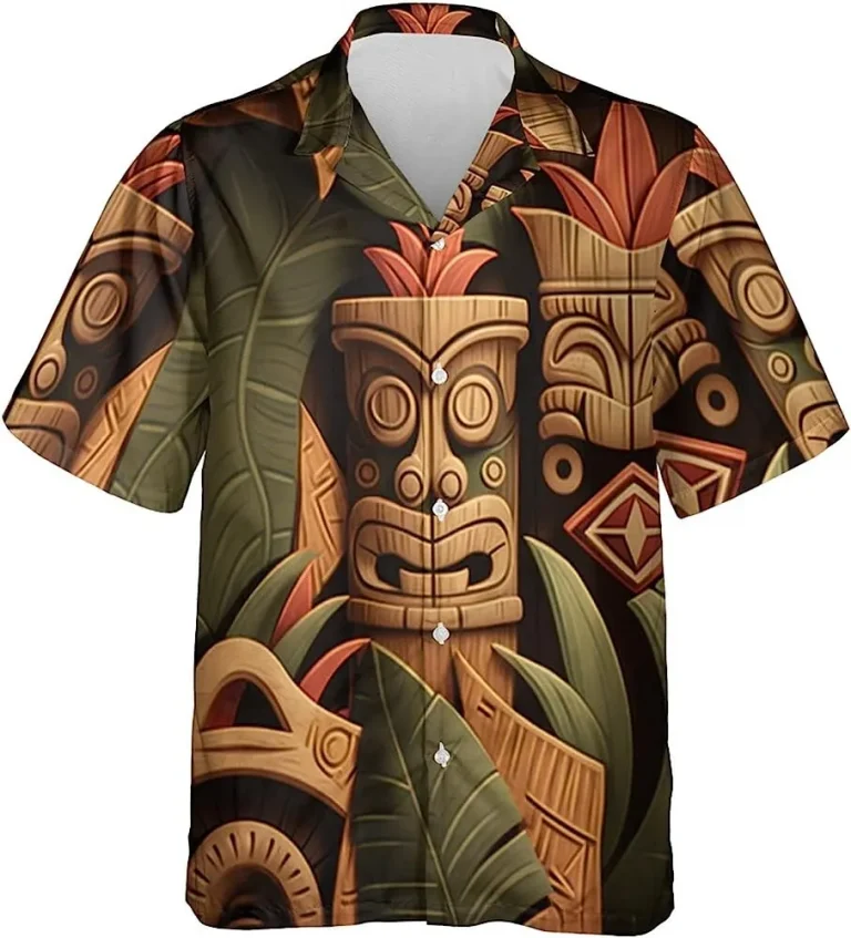 Tiki Button Down Hawaiian Shirt, Tiki Aloha Summer Shirt, Summer Vacation Hawaiian Shirt, Vintage Hawaii Beach Shirt, Summer Vacation Hawaiian Shirt