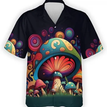 Magic Mushroom Summer Mens Hawaiian Shirt, Psychedelic Mushroom Button Vintage Aloha Hawaii Shirt, Short Sleeve Summer Beach Shirt