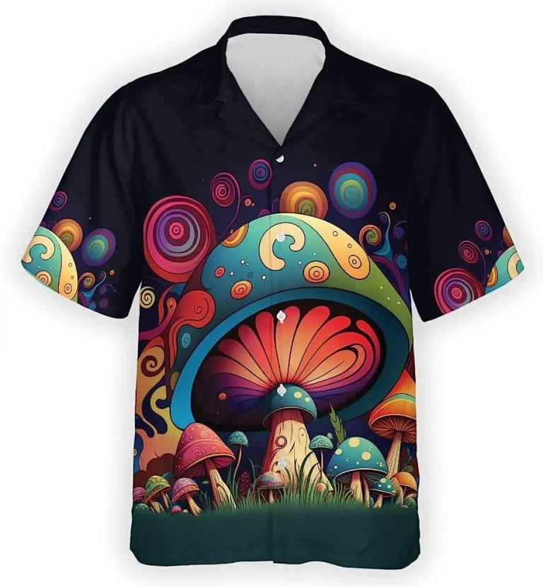 Magic Mushroom Summer Mens Hawaiian Shirt, Psychedelic Mushroom Button Vintage Aloha Hawaii Shirt, Short Sleeve Summer Beach Shirt