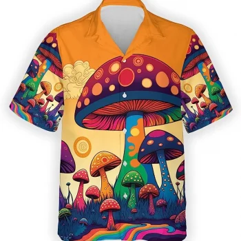 Colorful Magic Mushroom Vintage Hawaiian Shirt, Mushroom Aloha Shirt, Short Sleeve Button Down Hawaiian Shirt, Summer Vacation Hawaiian Shirt