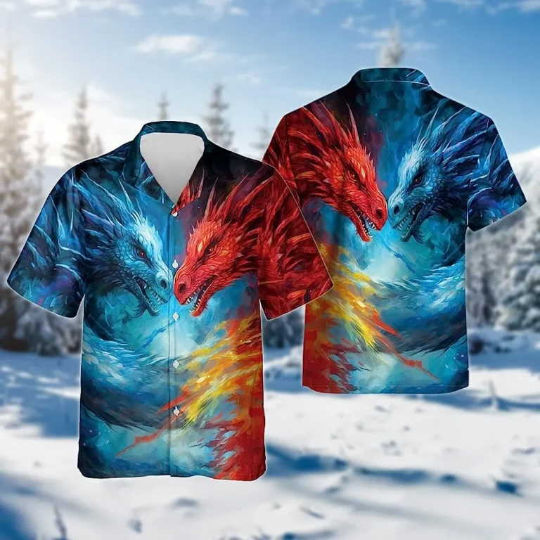 Ice And Fire Dragon Hawaiian Shirt, Short Sleeve Button Down Hawaiian Shirt, Casual Printed Beach Summer Shirt, Best Gifts For Men