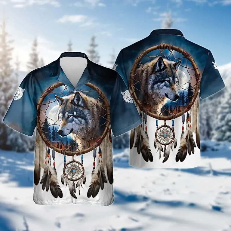Native Wolf Moon And Dream Catcher Mens Hawaiian Shirt, Wolf Hawaiian Casual Button Down Shirt, Summer Beach Shirt, Vacation Shirt