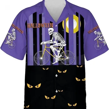 Halloween Skeleton Cycling Hawaiian Shirt For Men, Halloween Shirt, Skeleton Casual Button Down Hawaiian Shirt Short Sleeve, Vacation Shirt