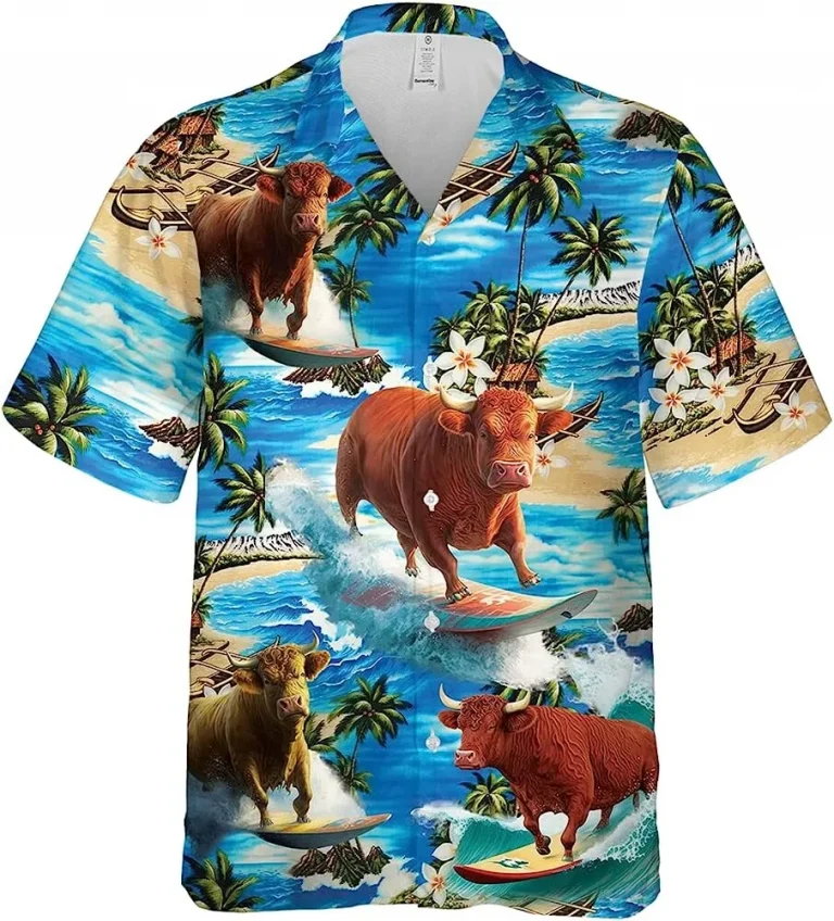 Cow Men's Hawaiian Shirt, Surfing Tropical Summer Beach Aloha Button Down Short Sleeve Mens Hawaiian, Casual Printed Beach Summer Shirt