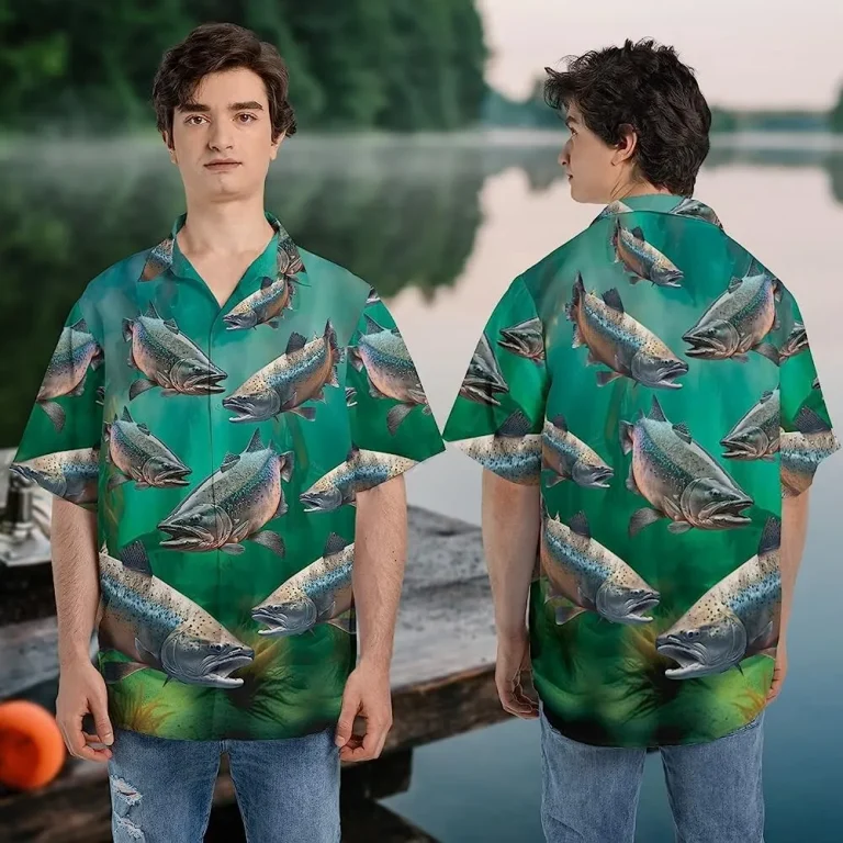 Salmon Fish Summer Men Hawaiian Shirt, Fisherman Shirt, Fishing Gift, Hawaiian Style Shirts, Button Down Shirt, Vacation Shirt