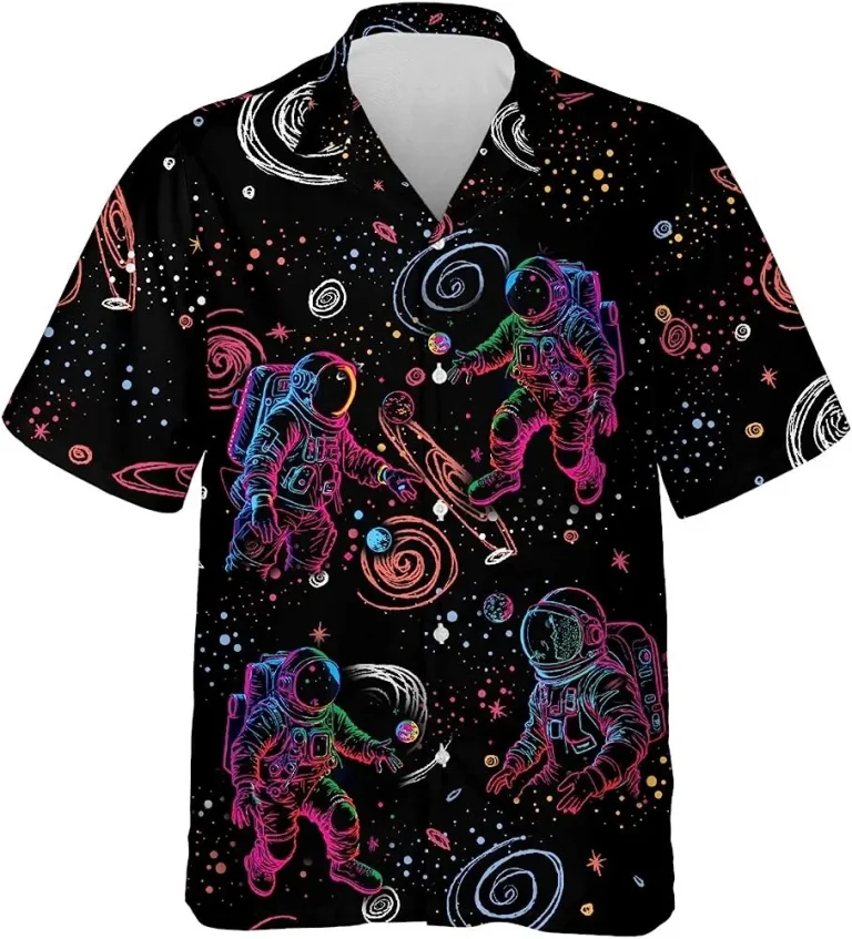 Neon Astronaut And The Galaxy Hawaiian Shirt, Astronaut Casual Button Down Short Sleeve Shirt, Vintage Hawaii Beach Shirt, Summer Aloha Shirt