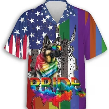 American German Shepherd Pride Hawaiian Shirt, Bisexual Casual Button Down Aloha Shirt, Lgbtq+ Shirt, Summer Beach Shirt, Pride Month Shirt