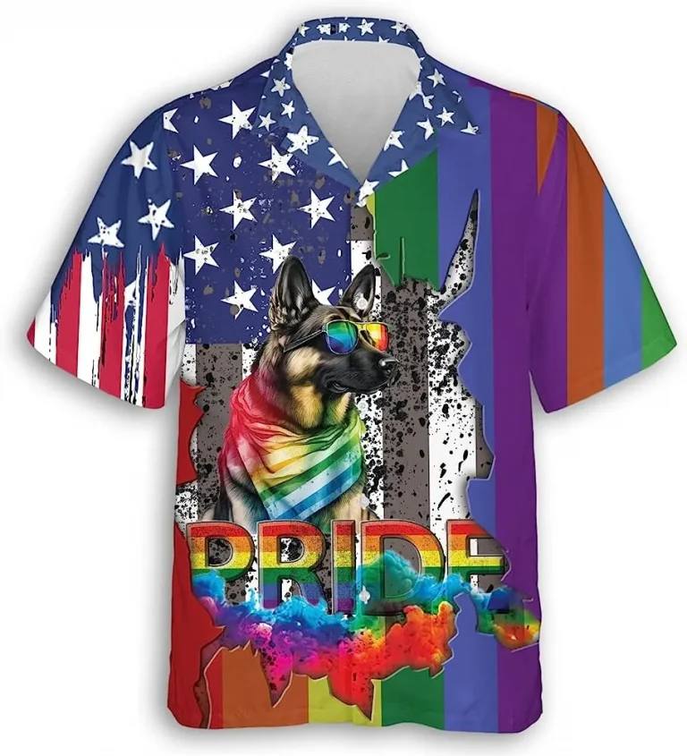 American German Shepherd Pride Hawaiian Shirt, Bisexual Casual Button Down Aloha Shirt, Lgbtq+ Shirt, Summer Beach Shirt, Pride Month Shirt