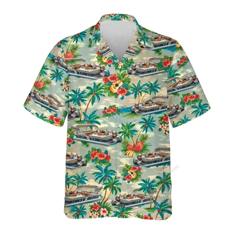Tropical Pontoon Hawaiian Shirt For Men Women, Pontoon Summer Beach Shirt, Tropical Pattern Aloha Shirts, Ship Button Down Short Sleeve Hawaiian Shirt