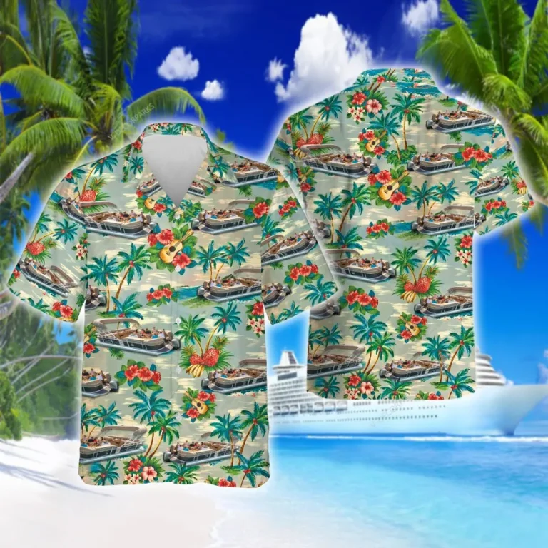 Tropical Pontoon Hawaiian Shirt For Men Women, Pontoon Summer Beach Shirt, Tropical Pattern Aloha Shirts, Ship Button Down Short Sleeve Hawaiian Shirt