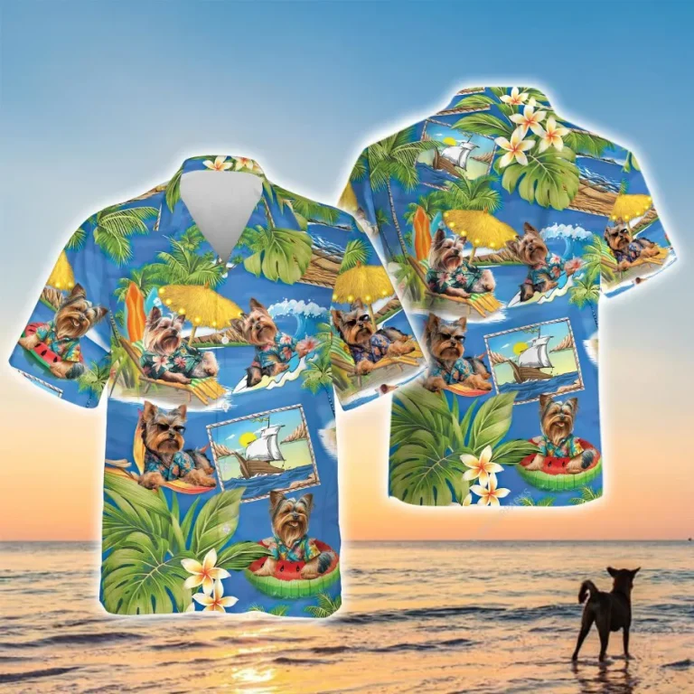 Yorkshire Terrier Hawaiian Shirt For Men Women, Funny Vacation Beach Aloha Shirts, Hawaii Summer Beach Shirt, Dog Lover Button Down Short Sleeve Shirt