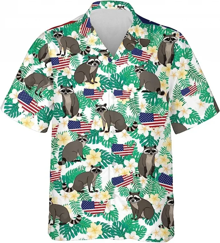 Raccoon American Flag Tropical Hawaiian Shirt, Raccoon Aloha Shirt, Casual Printed Beach Summer Shirt, Short Sleeve Button Down Hawaiian Shirt