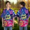 Neon Light Happy Easter Hawaiian Shirt For Men Women, Hawaiian Button Down Shirts For Easter Day, Casual Printed Beach Summer Shirt