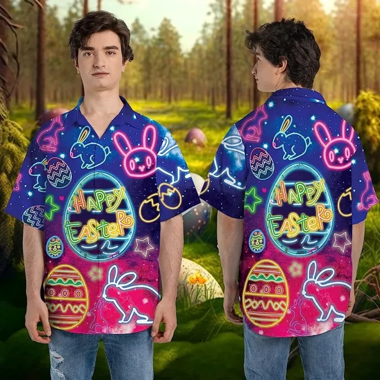 Neon Light Happy Easter Hawaiian Shirt For Men Women, Hawaiian Button Down Shirts For Easter Day, Casual Printed Beach Summer Shirt
